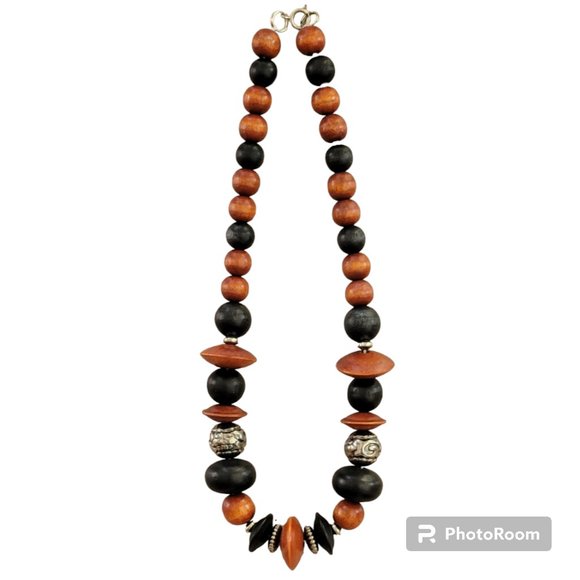 Bohemian Chunky Necklace Wooden Beads Black &Terracotta wSilver Metal Accents - Picture 2 of 5